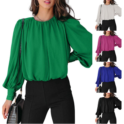 Women's Blouse Solid Color Round Neck Long Sleeve - - Blouses & Shirts - Carvan Mart