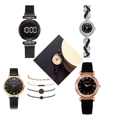 Ladies Watch PU Strap Alloy Quartz Strap Bracelet Set Combination - Black Q5 pcs - Women's Watches - Carvan Mart