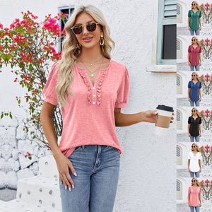 Women's Summer Top V Neck Button Fashion Short Sleeve T-Shirt - - Blouses & Shirts - Carvan Mart