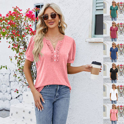 Women's Summer Top V Neck Button Fashion Short Sleeve T-Shirt - Carvan Mart
