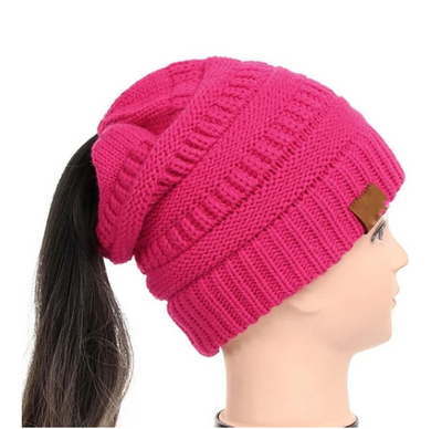 High Bun Ponytail Beanie Hat Chunky Soft Stretch Cable Knit Warm Fuzzy Lined Skull Beanie Acrylic Hats Men And Women - Rose red - Women's Hats & Caps - Carvan Mart