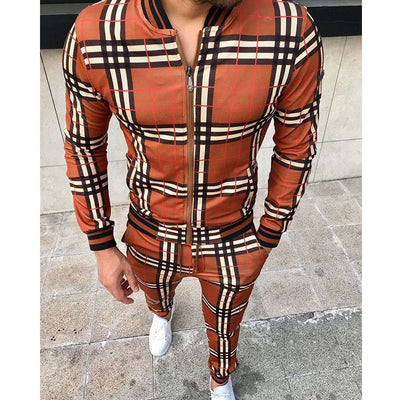 Men's Leisure Suits Tracksuits Grid Two-piece Patchwork Zipper Tracksuits Sportswear Sets - Orange - Men Suits & Sets - Carvan Mart