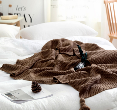 Nordic fringed knit ball blanket wool blanket office air conditioning lunch break blanket shawl blanket sofa leisure blanket blanket - Brown 130×170cm - Bedding Sets - Carvan Mart