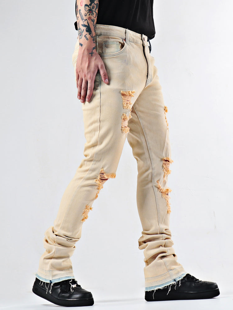 Men's Beige Distressed Ripped Skinny Jeans - Urban Streetwear Denim Pants - - Men's Jeans - Carvan Mart