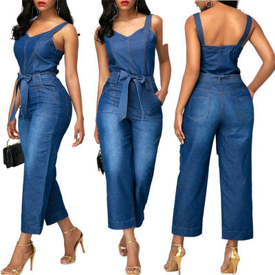 Sling Bowknot Denim Jumpsuit - - Jumpsuits & Rompers - Carvan Mart