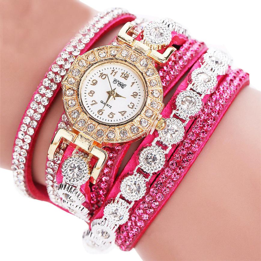 Relogio masculino Women Quartz Women PU Leather Rhinestone Watch Bracelet Watches - Rose red - Women's Watches - Carvan Mart