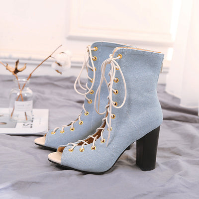 Denim High Heels Women's Pumps Gladiators Cross-tied Rome Sandals - - High Heels - Carvan Mart