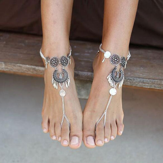 Bohemian Jewelry Antique Silver Color Hollow Flower Chain Anklets Beach Barefoot Sandals Foot Jewelry - Carvan Mart Ltd