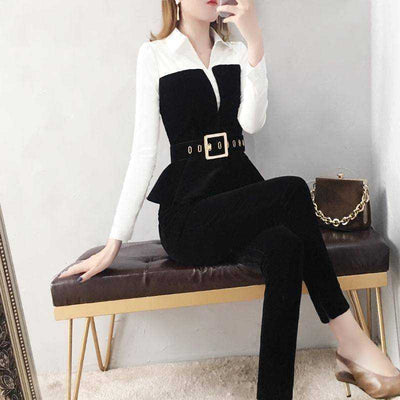 Chic Black and White Two-Piece Set - Women's Long Sleeve Blouse and Pants Office Siren Outfit - - Suits & Sets - Carvan Mart