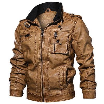 Men PU Leather Jacket Casual Thick Motorcycle Winter Windproof Coat - Carvan Mart