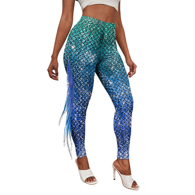 High-Waisted Mermaid Leggings with Fringe Detail - Carvan Mart