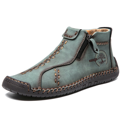 Men's Handmade Boots, Classic Stitching Ankle Boots, Outdoor Casual Zipper Shoes - Green - Men's Boots - Carvan Mart