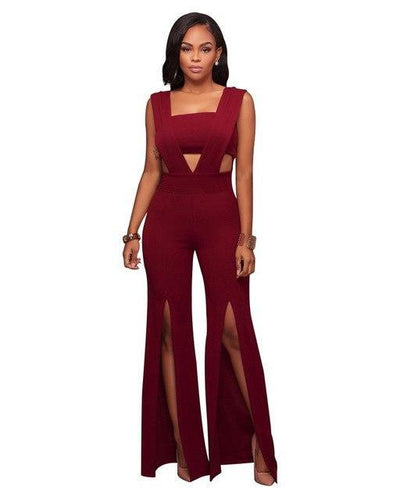 Wrap-Front Bandage Jumpsuit Dress - Wine Red - Jumpsuits & Rompers - Carvan Mart