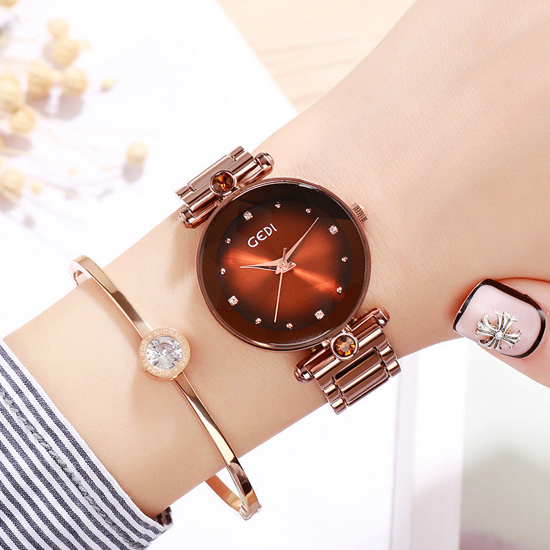 Ladies Steel Band Bracelet Quartz Watch - Rose Gold coffee - Women's Watches - Carvan Mart