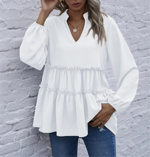 Solid Color V-neck Layered Ruffle Blouse - White - Winter Tops - Carvan Mart