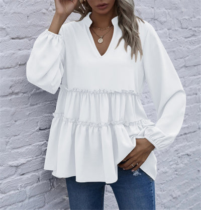 Solid Color V-neck Layered Ruffle Blouse - Carvan Mart
