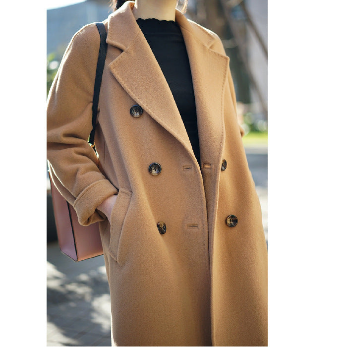 Women's Mid-length Woolen Coat - Camel - Women's Coats & Jackets - Carvan Mart