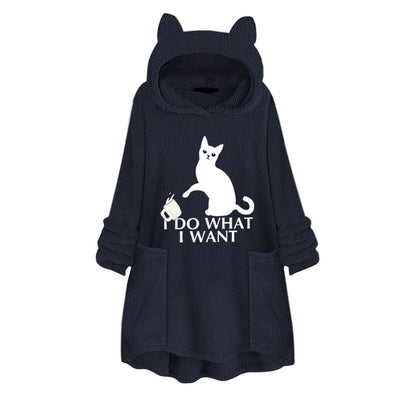 Hooded Pullover Cat Print Long Sleeved Reversible Velvet Sweater - Carvan Mart