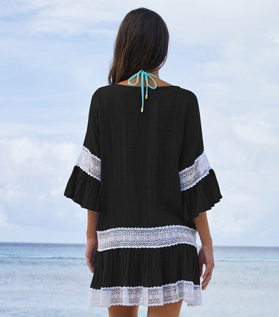 Tassel Tunic Lace Crochet Short Sleeve Beach Cover Up Dress - Carvan Mart