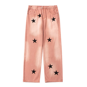 American Style Retro Street XINGX Printed Jeans Straight Casual Distressed Long Pants - Pink - Men's Jeans - Carvan Mart