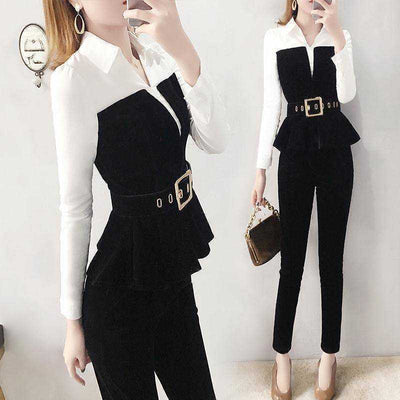 Chic Black and White Two-Piece Set - Women's Long Sleeve Blouse and Pants Office Siren Outfit - Carvan Mart