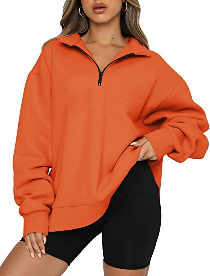 Women Sweatshirts Zip Turndown Collar Loose Casual Tops Clothes - Orange - Women Hoodies & Sweatshirts - Carvan Mart