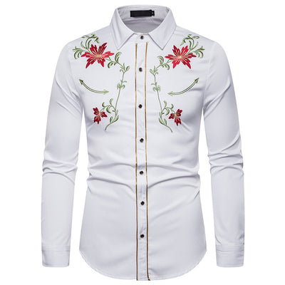 Men's Embroidery Shirt Long Sleeve Flower Shirt - White - Men's Shirts - Carvan Mart