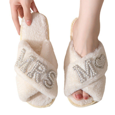 Women's Plush Slippers Home Non-slip Cotton Slippers Fleece-lined Thickened Cross Toe Covering Fluffy Slippers - Carvan Mart