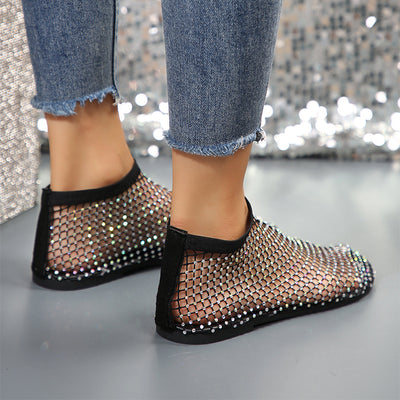 Hollow Flat Sandals With Rhinestone Summer Round Toe Shoes For Women - Carvan Mart