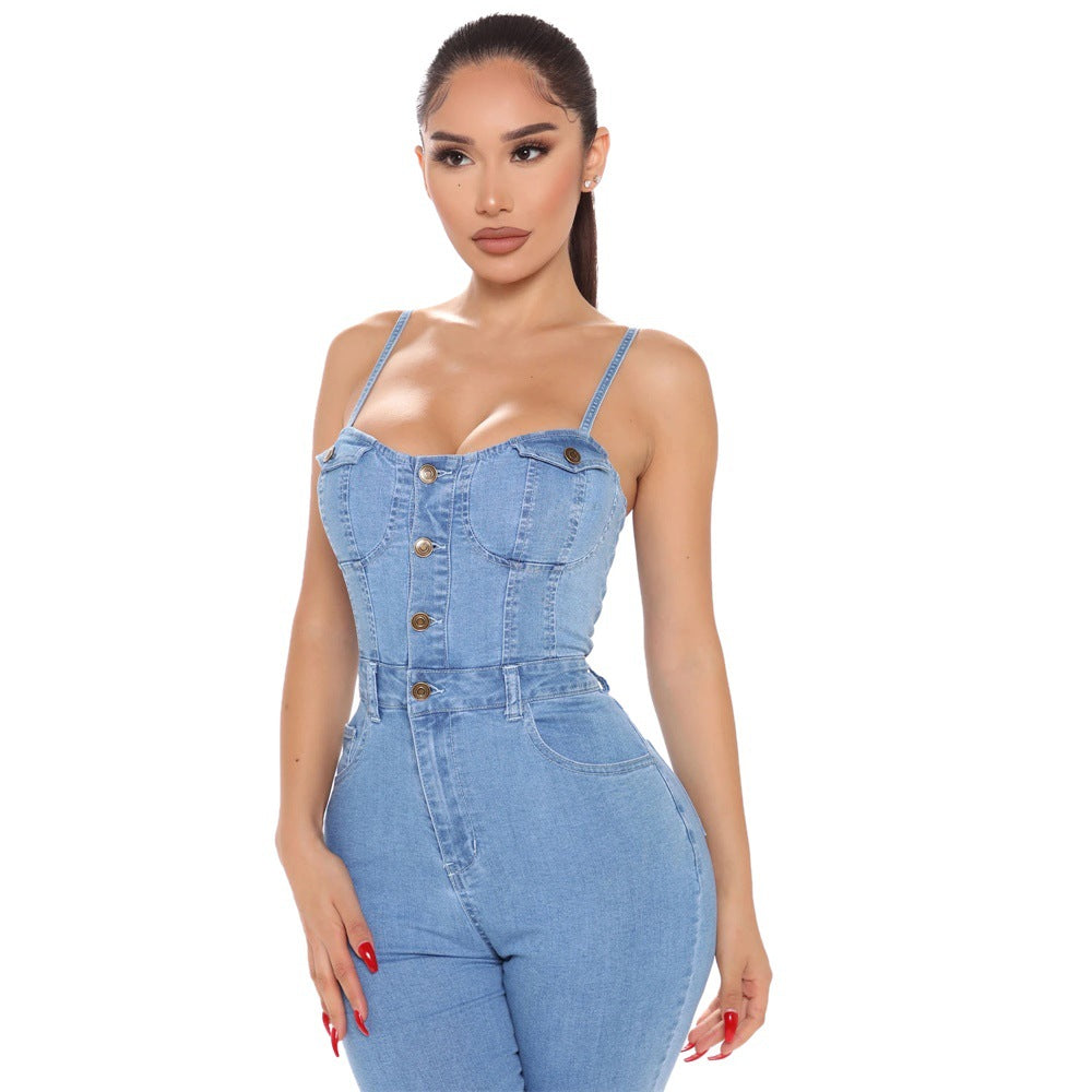 Stylish Denim Jumpsuit for Women - Trendy Button-Up Skinny Fit Romper - - Jumpsuits & Rompers - Carvan Mart