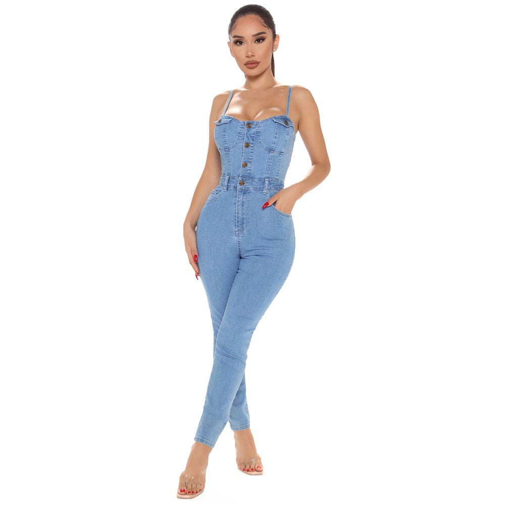 Stylish Denim Jumpsuit for Women - Trendy Button-Up Skinny Fit Romper - Light Blue - Jumpsuits & Rompers - Carvan Mart