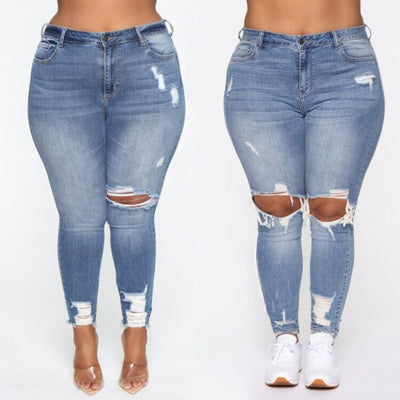 Curvy Women Stretch Ripped Jeans - Plus Size High Waist Street Style Pants - - Women's Jeans - Carvan Mart