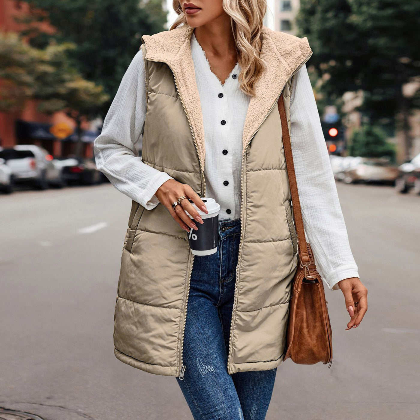 European And American Solid Color Hooded Cotton Jacket Vest Double-sided Wear Slim Elegant Cardigan Coat - Carvan Mart