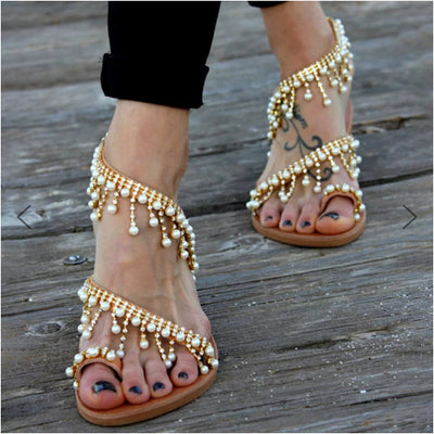 Women Sandals Flat Pearl Comfortable String Bead Slippers - Carvan Mart