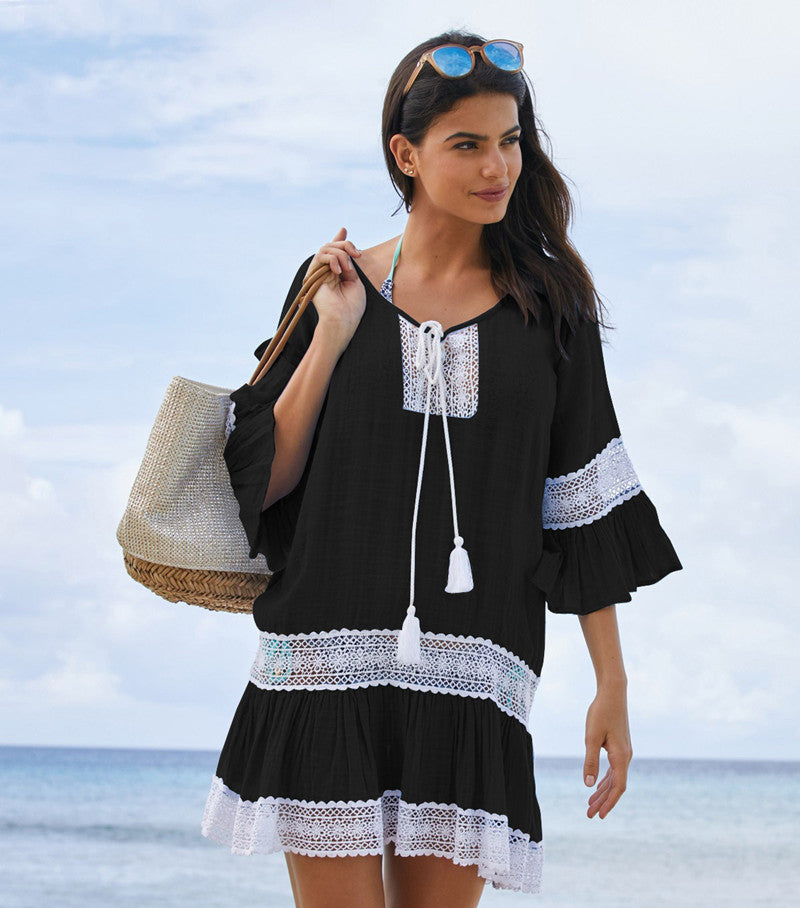 Tassel Tunic Lace Crochet Short Sleeve Beach Cover Up Dress - Carvan Mart