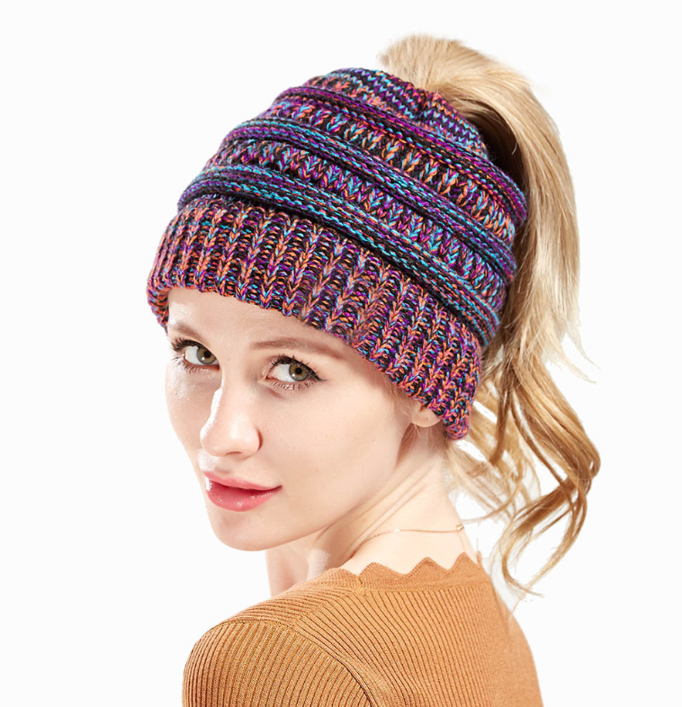 Mixed Color Knitted Wool Hat Ladies Non-labeled Ponytail Hat - Carvan Mart