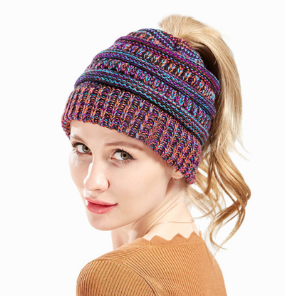 Mixed Color Knitted Wool Hat Ladies Non-labeled Ponytail Hat - - Women's Hats & Caps - Carvan Mart