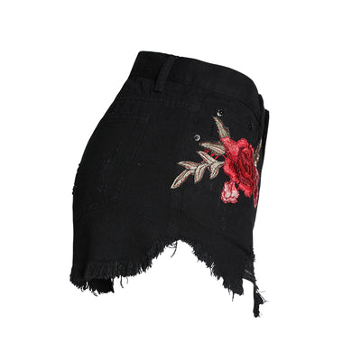 High Waisted Denim Shorts with Floral Embroidery for Women - Carvan Mart