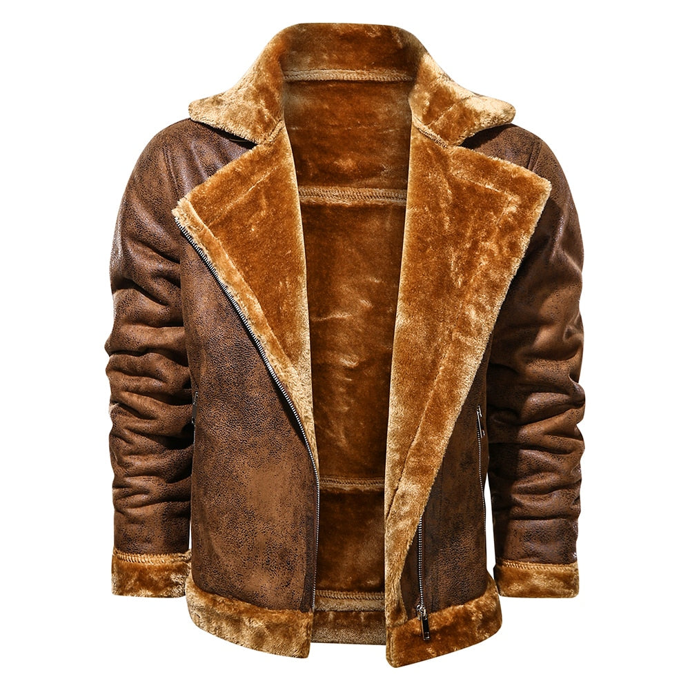 Retro Men Winter Suede Leather Jacket - Brown - Genuine Leather - Carvan Mart