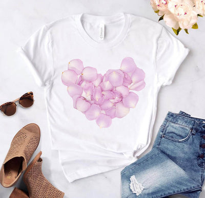 Women's Heart-shaped Flower Print Round Neck Short Sleeve - Carvan Mart