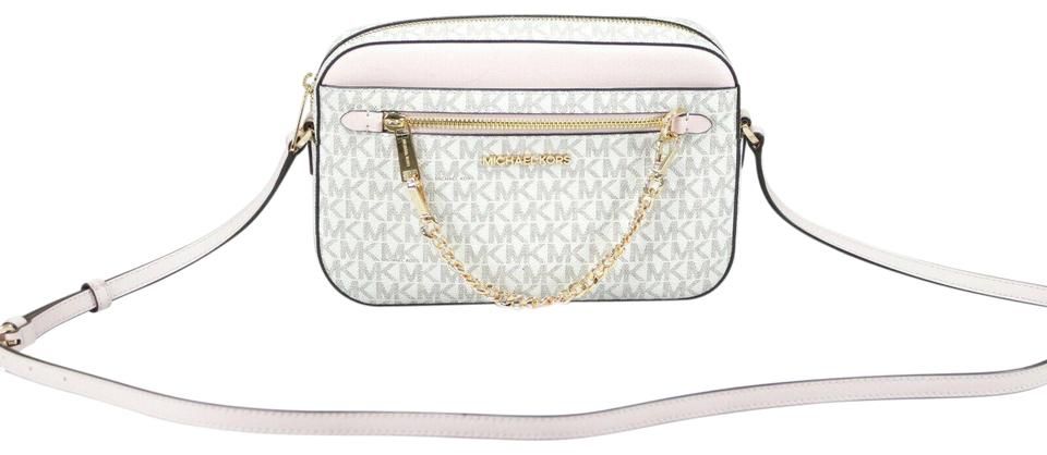 Michael Kors Jet Set Item Large East West Signature Leather Zip Chain Crossbody Handbag (Vanilla PVC/Powder Blush) - - - Michael Kors