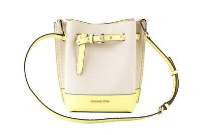 Michael Kors Emilia Small Canvas Snakeskin Print Leather Bucket Bag Messenger Crossbody Handbag (Buttercup) - Golden - - Michael Kors