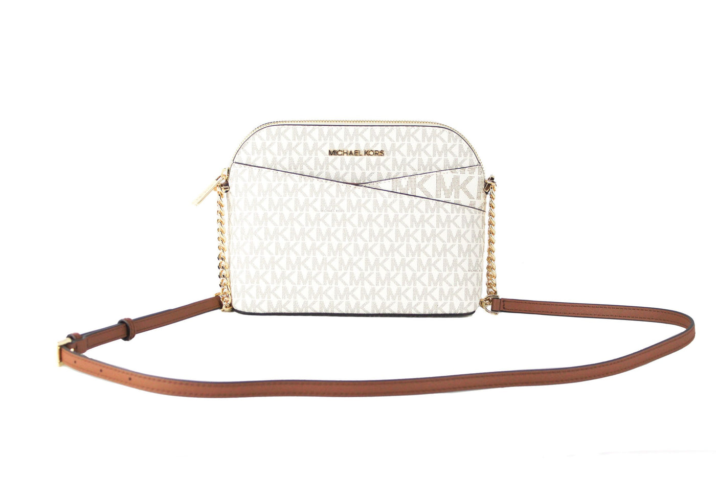 Michael Kors Jet Set Travel Medium Leather X Cross Dome Crossbody Handbag (Vanilla Signature/Gold) - - - Michael Kors