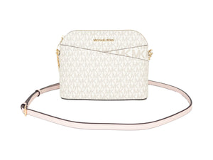 Michael Kors Jet Set Travel Medium Leather X Cross Dome Crossbody Handbag (Vanilla Signature/Powder Blush) - - - Michael Kors