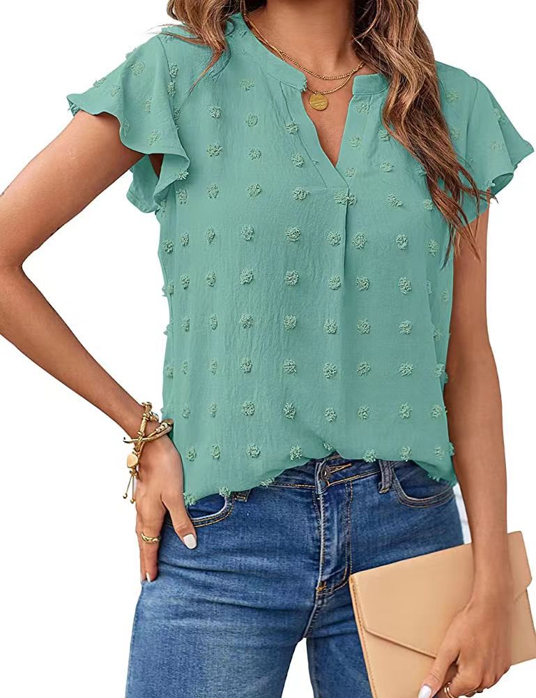 Women Summer V Neck Ruffle Short Sleeve Blouse Dot Flowy Shirt Top - Light green - Blouses & Shirts - Carvan Mart