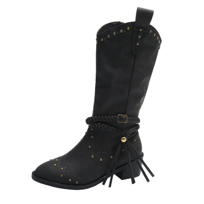 Retro Tassel Boots With Braided Rope Strap Buckle Women's Winter Mid-calf Knight Western Boots - Carvan Mart Ltd