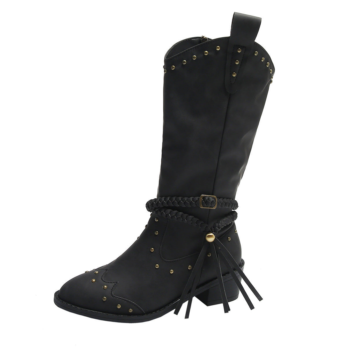 Retro Tassel Boots With Braided Rope Strap Buckle Women's Winter Mid-calf Knight Western Boots - Carvan Mart