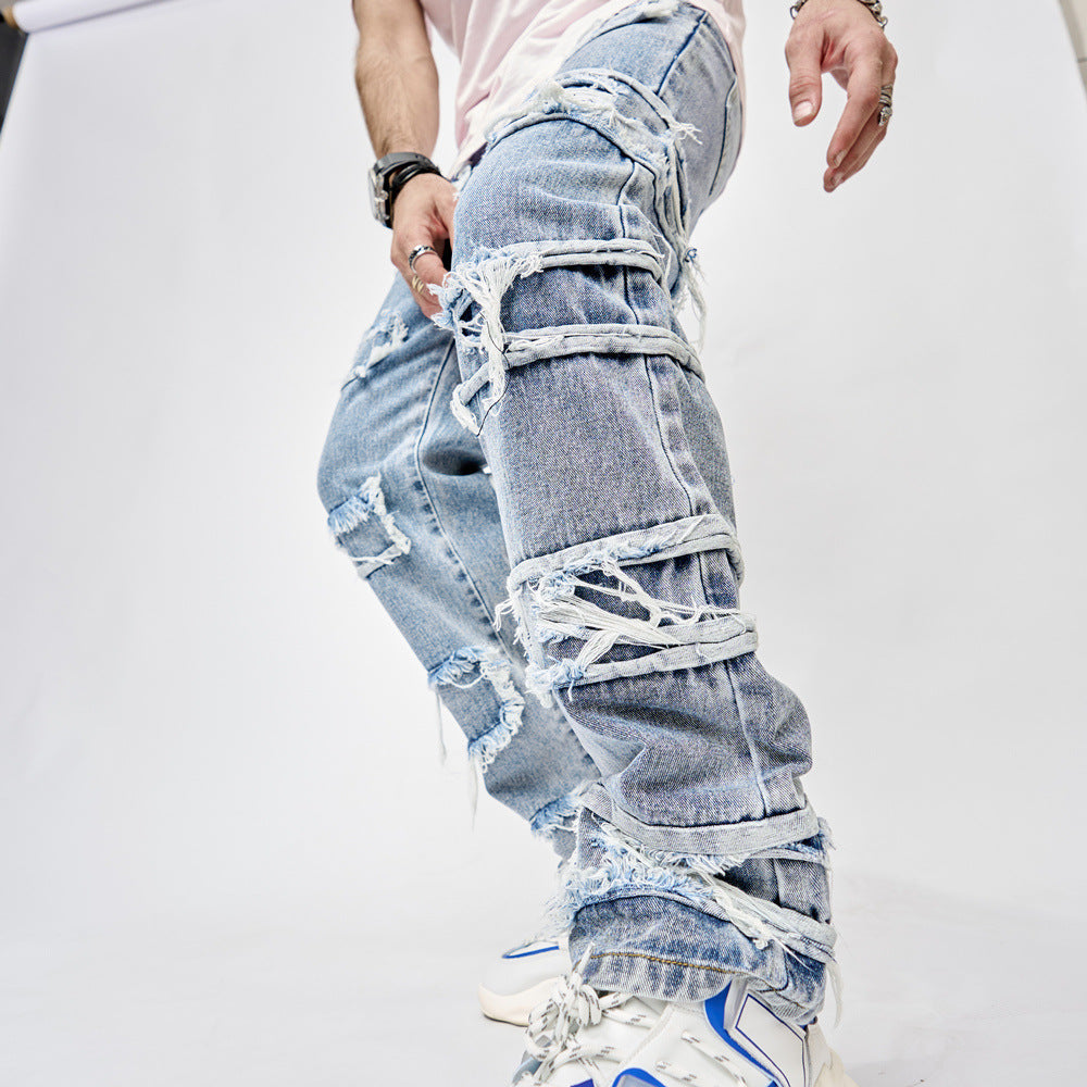 High Street Trouser Man's Pants Full Length Patched Straight Fit Hip Hop Jeans - - Men's Jeans - Carvan Mart