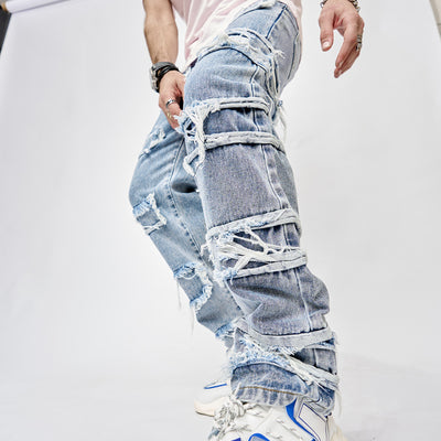 High Street Trouser Man's Pants Full Length Patched Straight Fit Hip Hop Jeans - Carvan Mart