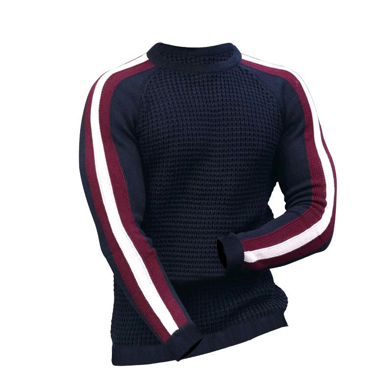 Men's Contrast Slim Bottom Sports Casual Sweater - Cotton Blend - Tibetan blue - Men's Sweaters - Carvan Mart